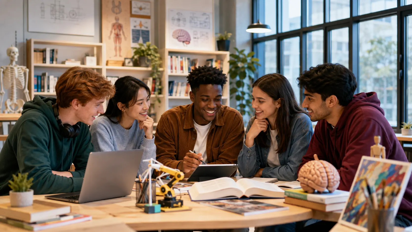 College students reviewing academic information together in a study room