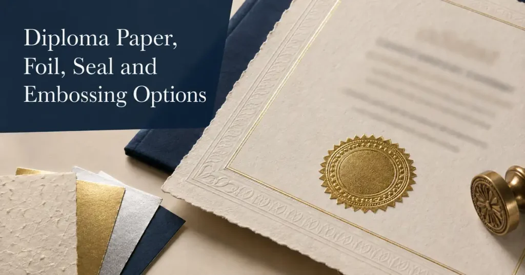 Diploma paper, foil, seal and embossing options shown on a certificate sample