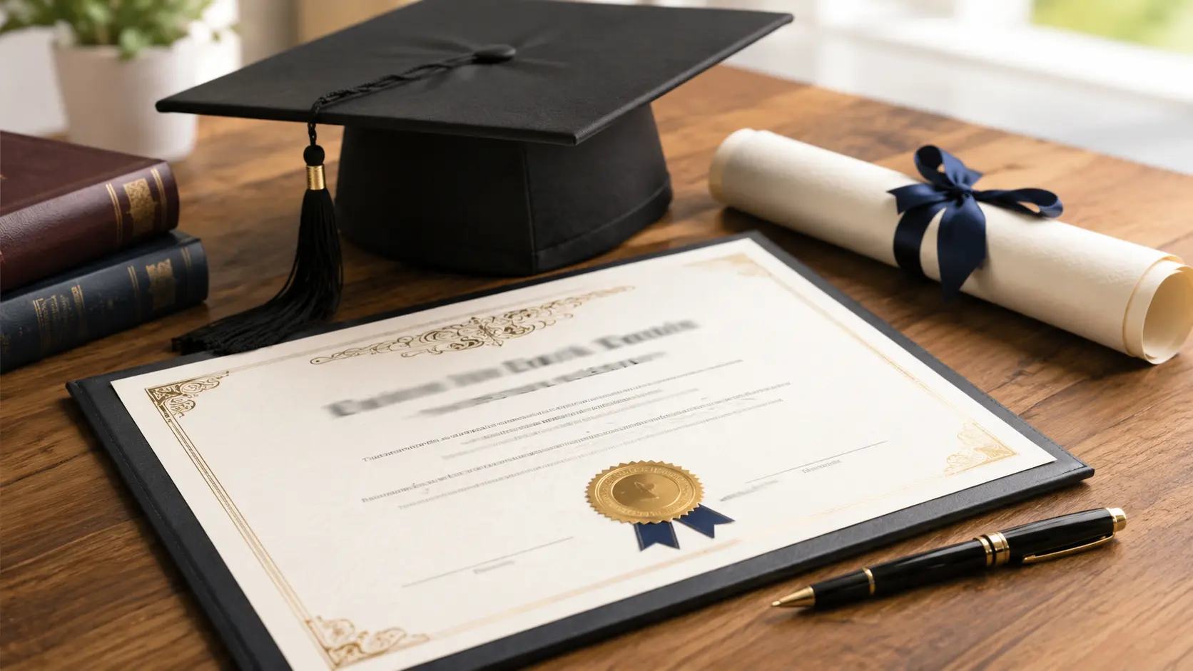 College diploma, graduation cap, and rolled certificate on a wooden desk
