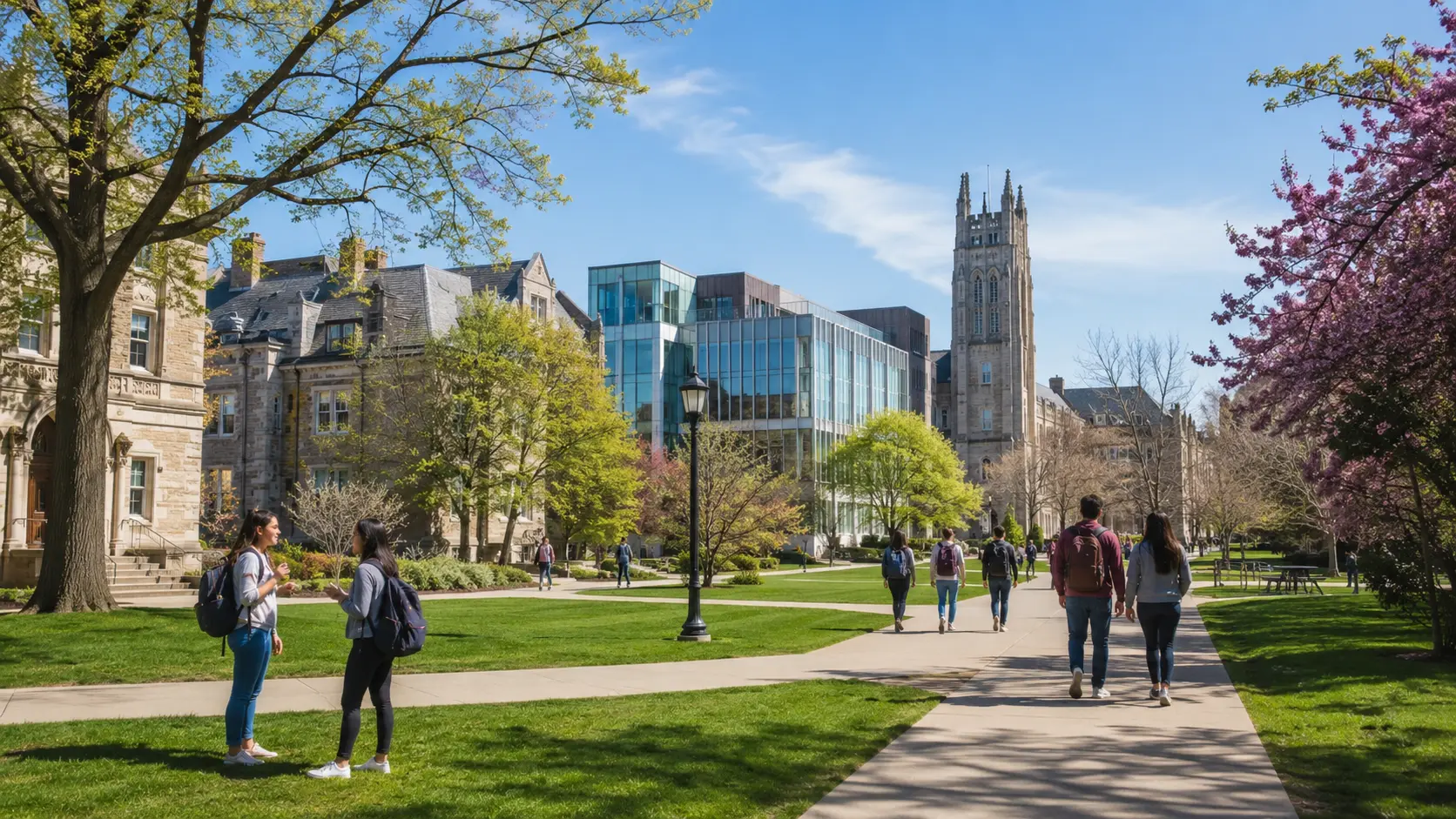 Students walking across a university campus toward academic buildings