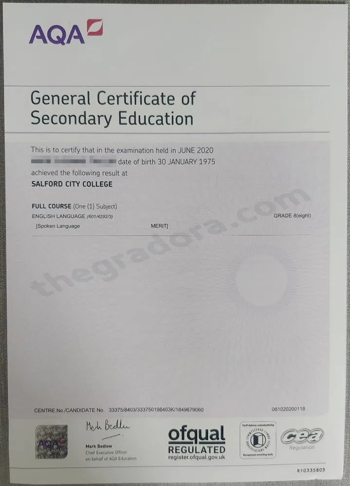 AQA GCSE certificate example showing subjects and grades