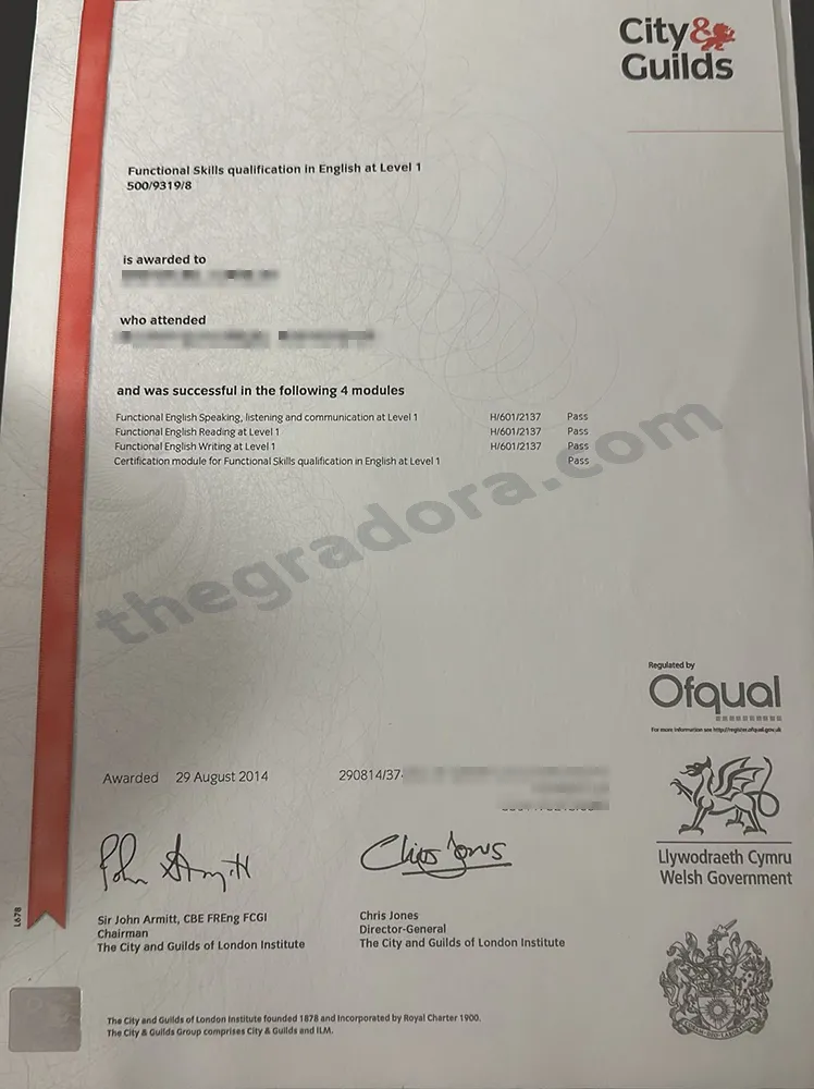 City & Guilds certificate for Functional Skills qualification in English at Level 1