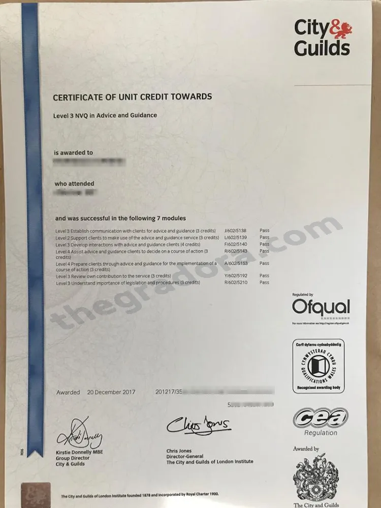 City & Guilds certificate of unit credit towards for Level 3 NVQ in Advice and Guidance