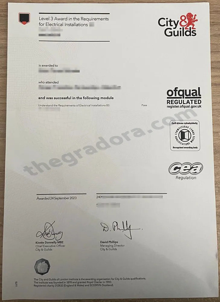 City & Guilds certificate for a Level 3 Award in the Requirements for Electrical Installations