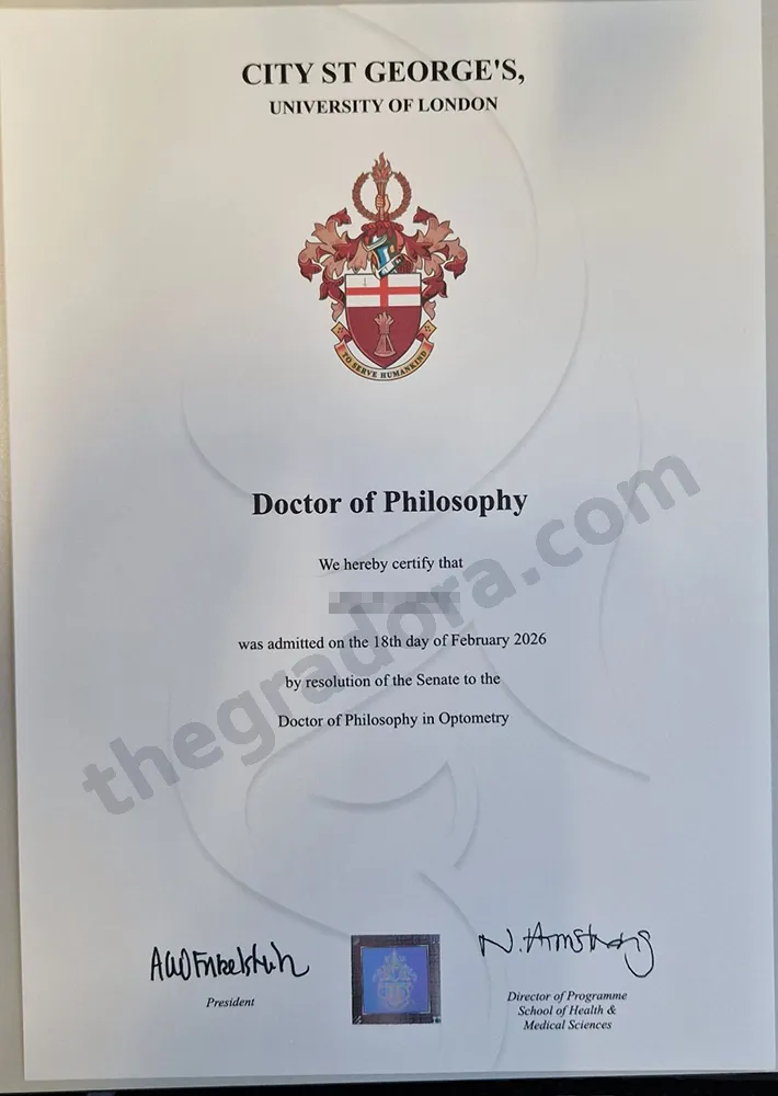 City St George's University of London PhD degree certificate with the graduate name obscured