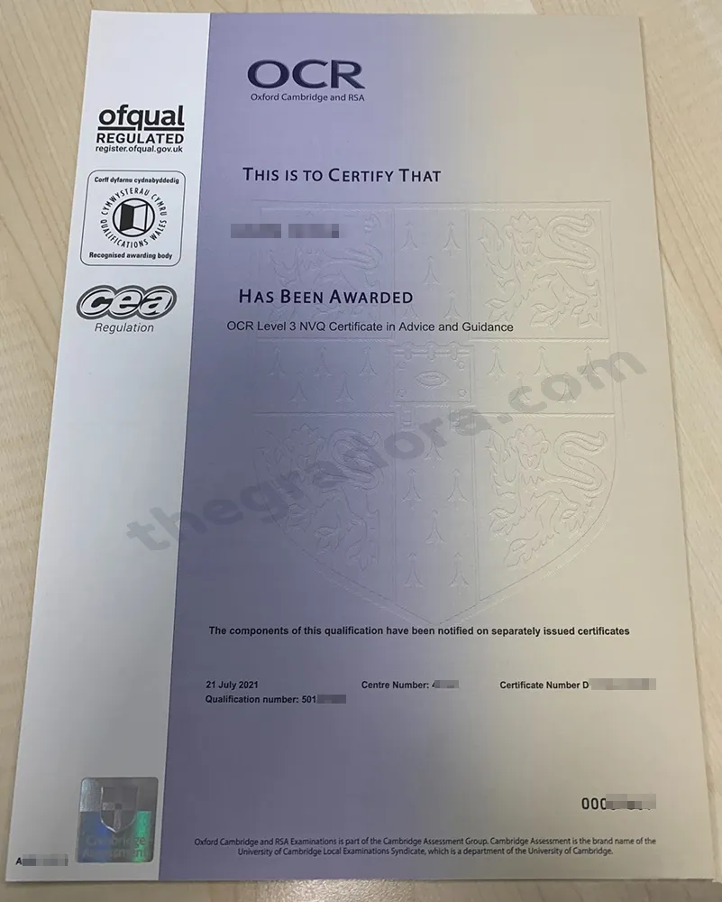 OCR GCSE certificate example showing qualification details