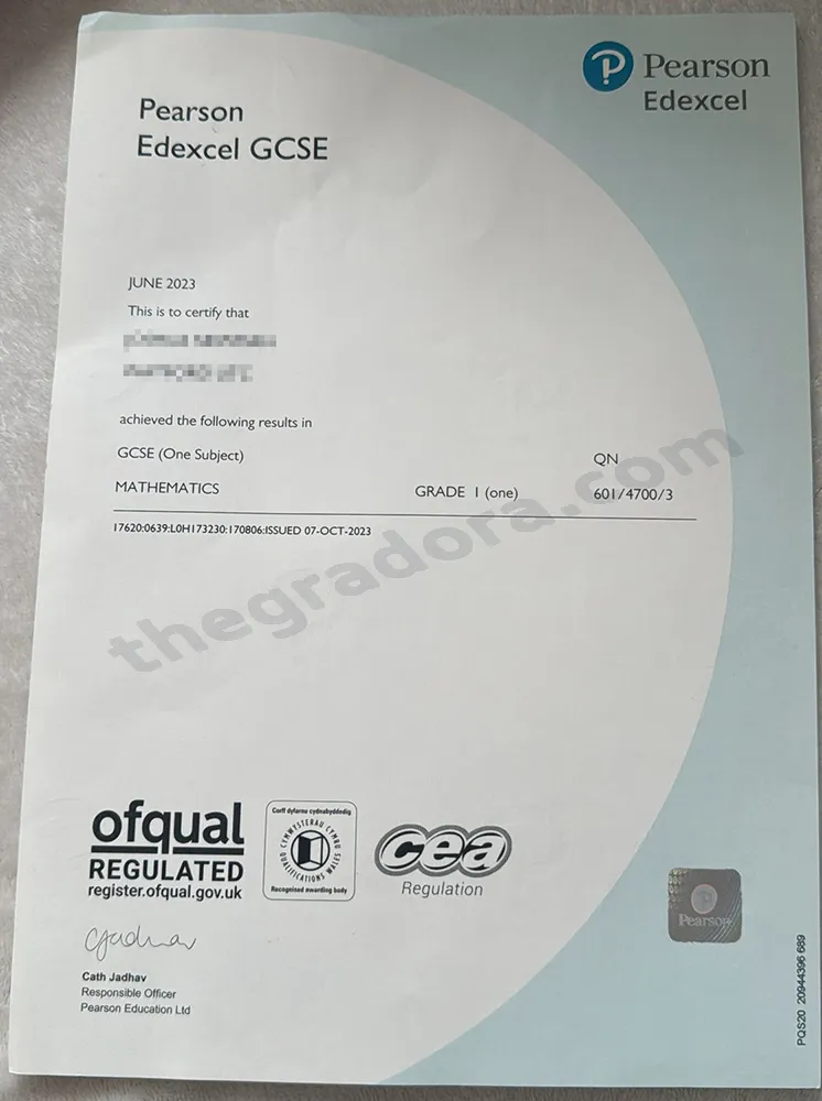 Pearson Edexcel GCSE certificate example