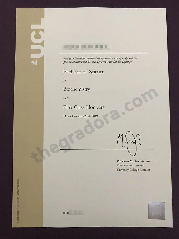 UCL BSc Biochemistry degree certificate showing First Class Honours with personal details obscured