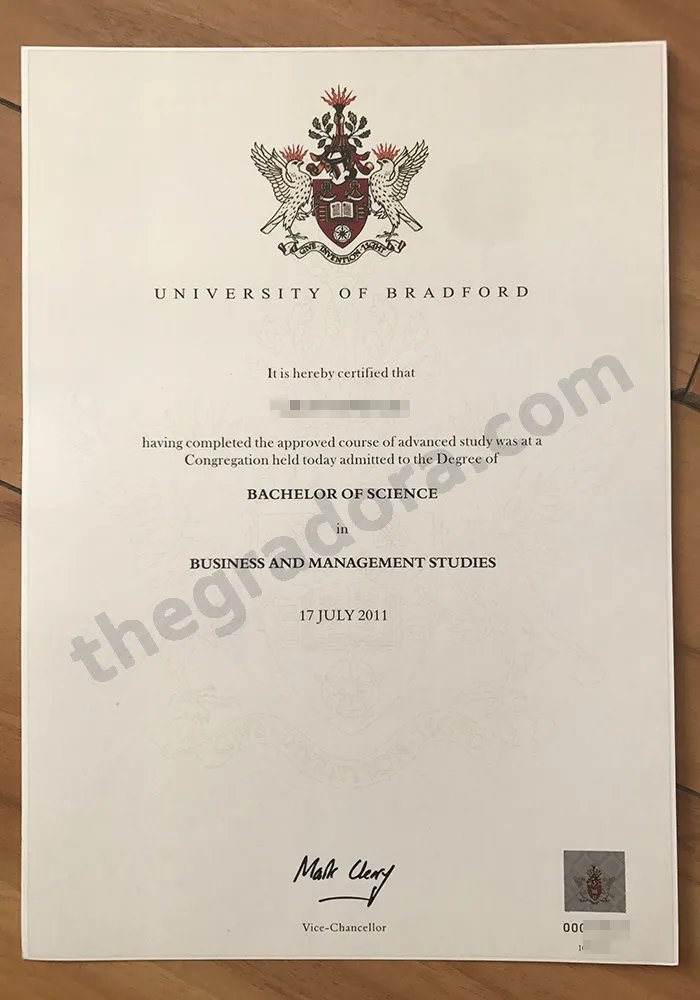 University of Bradford BSc Business and Management Studies degree certificate with personal details obscured