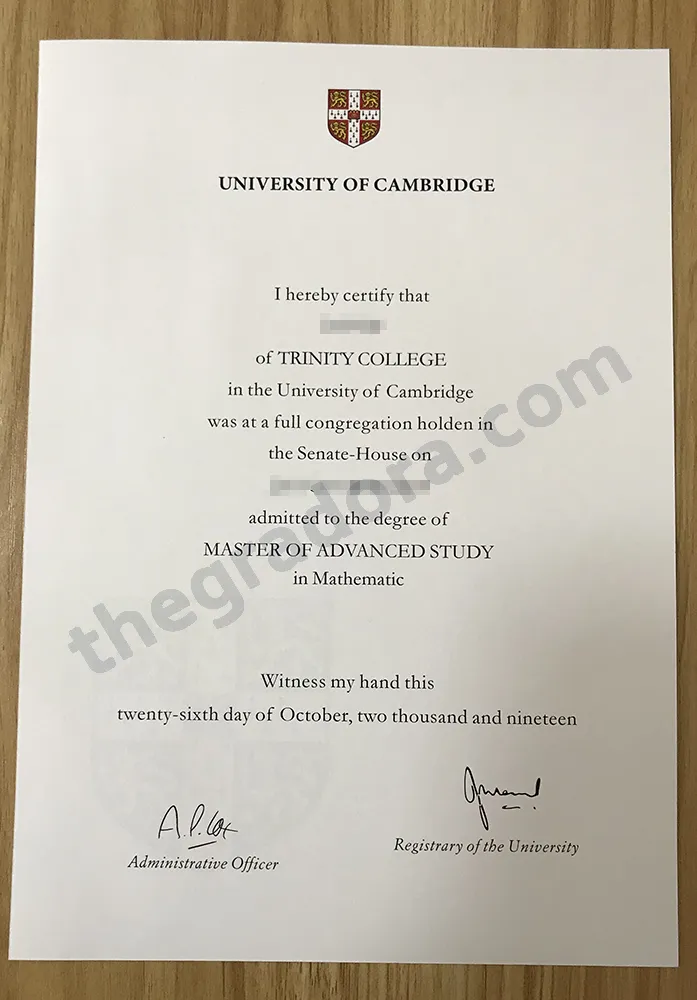 University of Cambridge Master of Advanced Study degree certificate with personal details obscured