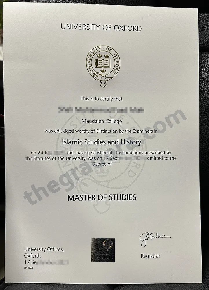 University of Oxford Master of Studies degree certificate with personal details obscured