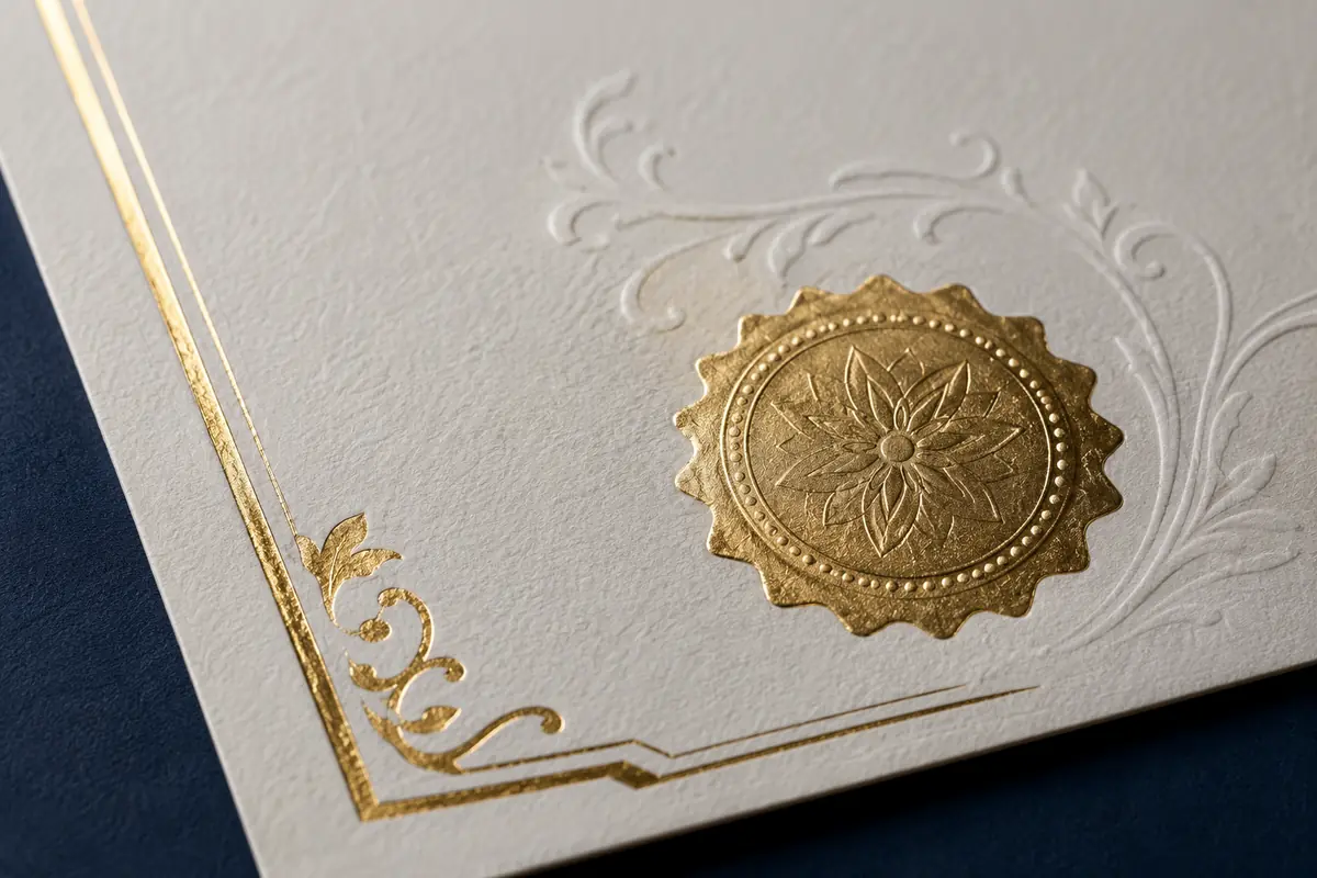 Close-up of certificate paper with gold foil seal and embossed details