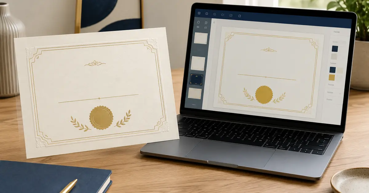 Printed custom novelty certificate beside an editable certificate template on a laptop