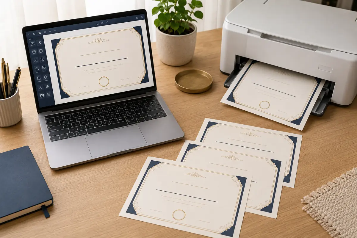 Editable certificate template being personalized and printed at home