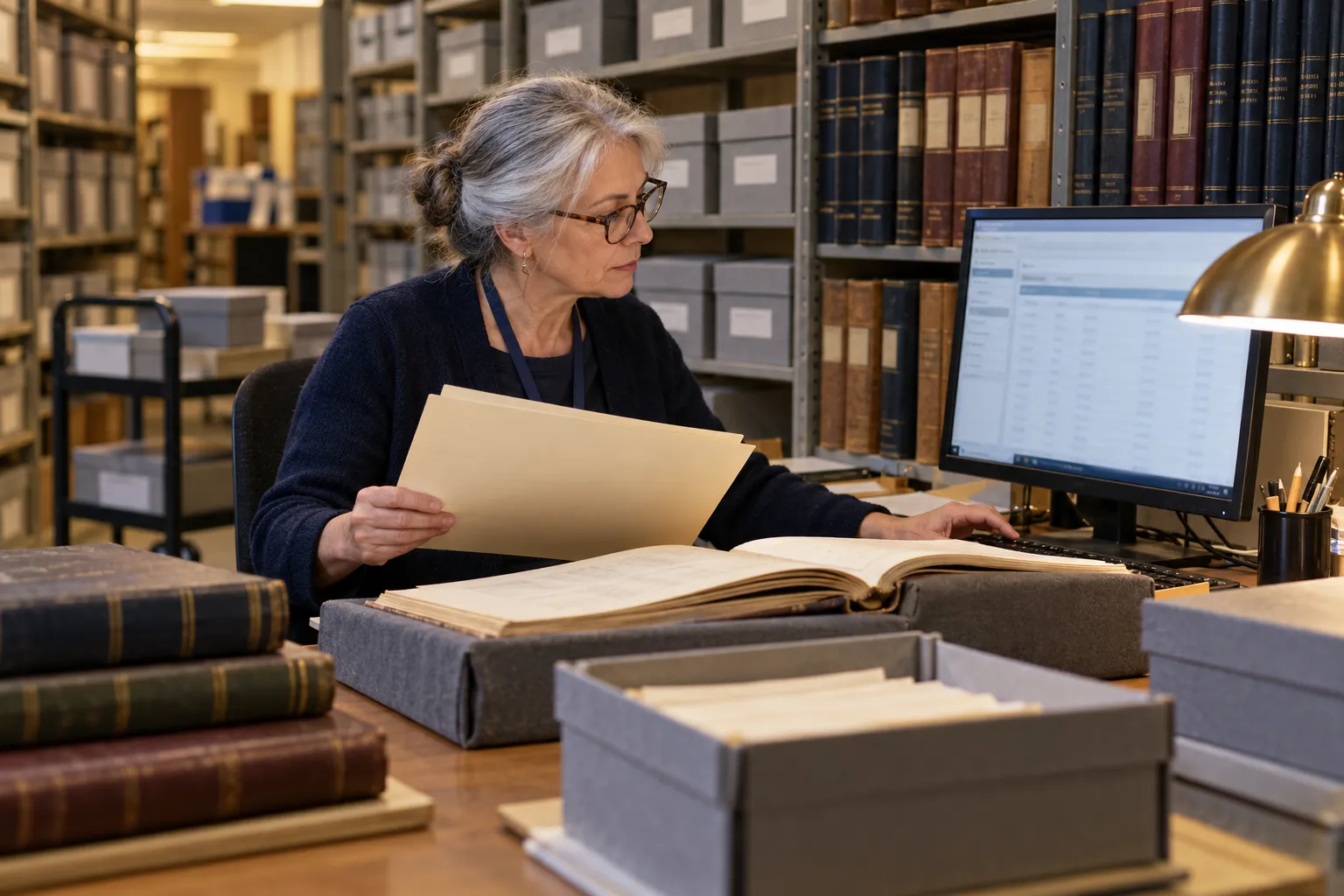 University archive staff searching historical records for an older degree award