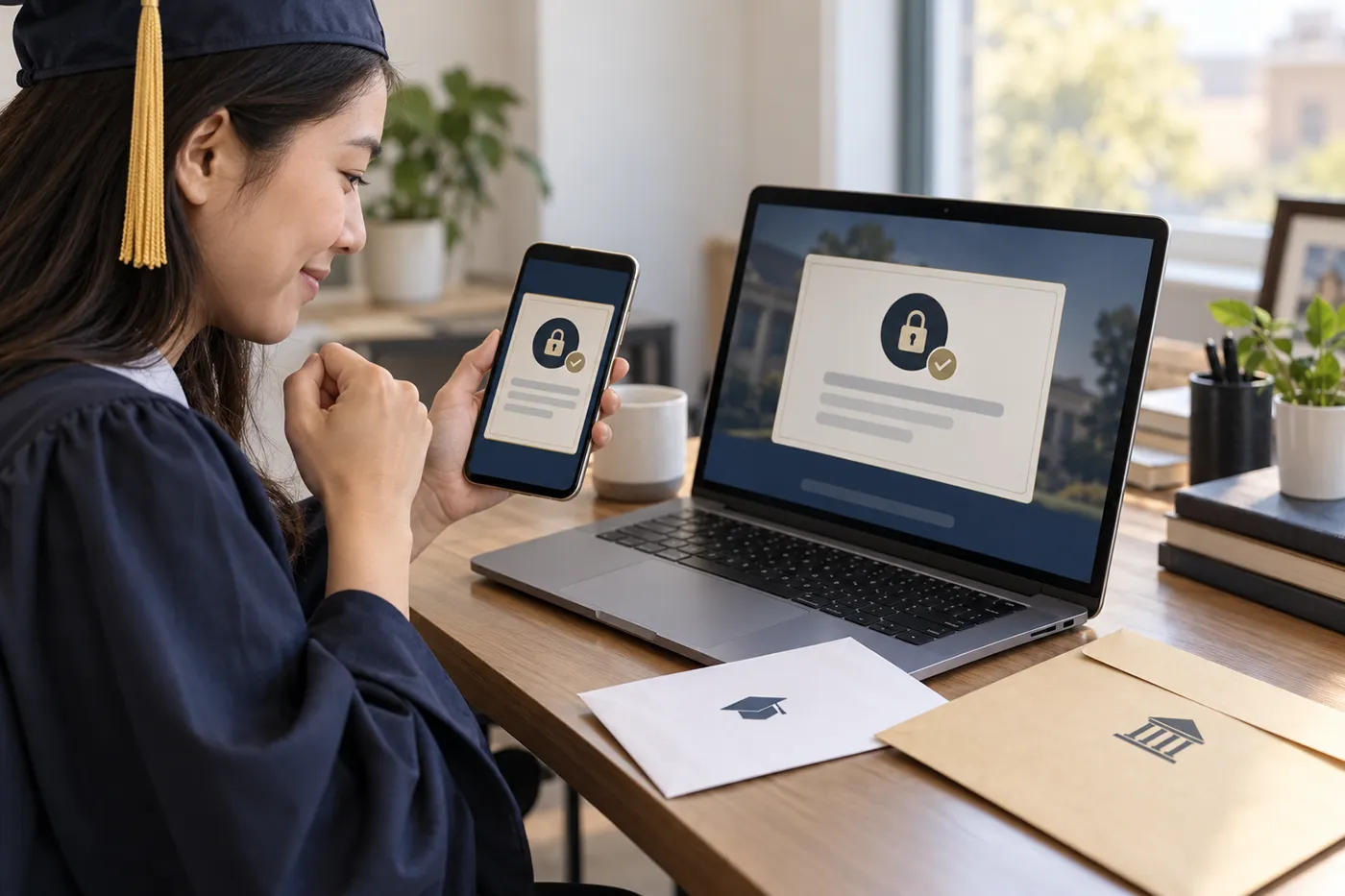 Graduate accessing secure digital proof of a degree on a laptop and phone